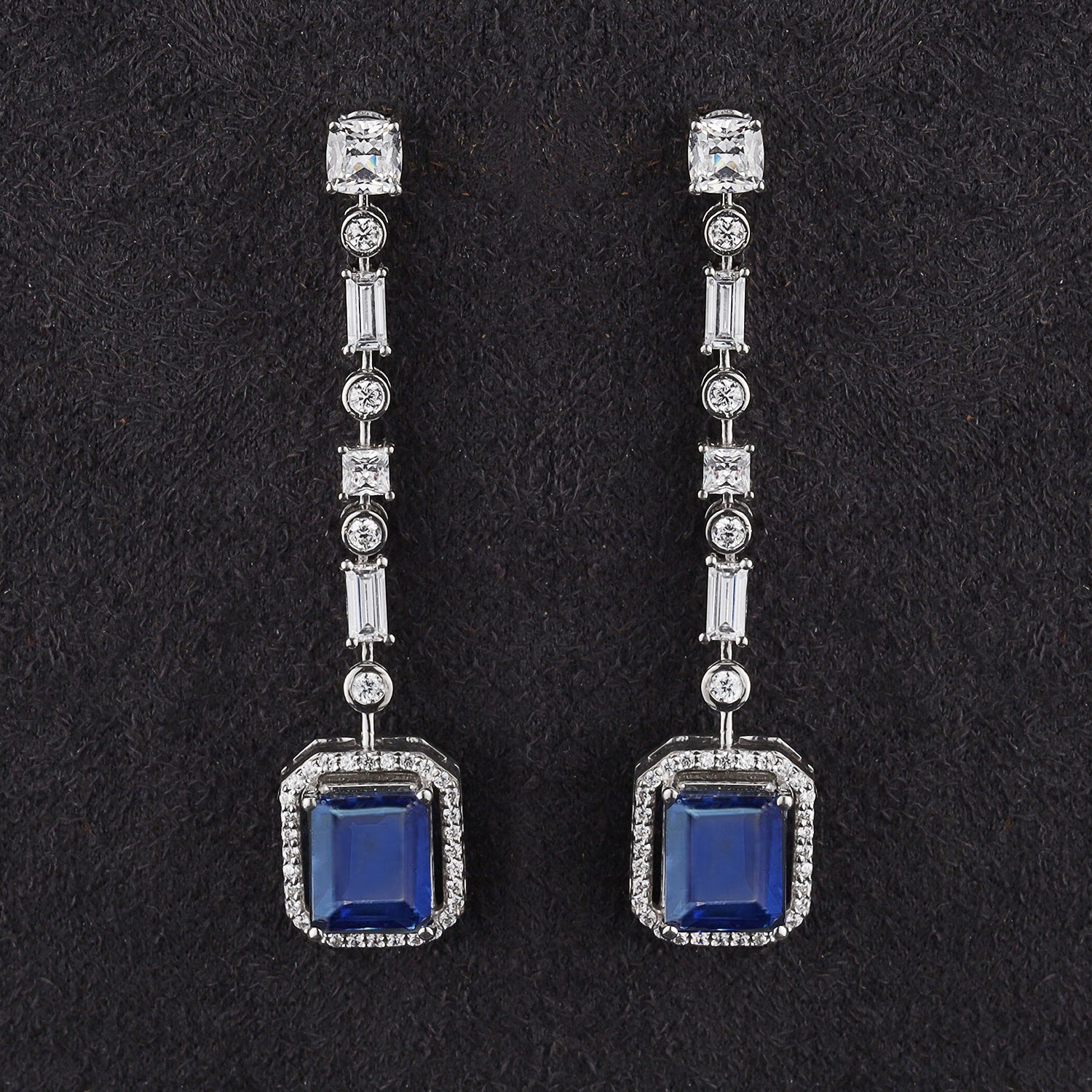 Silver Baguette and Round with Blue Sapphire Long Earrings