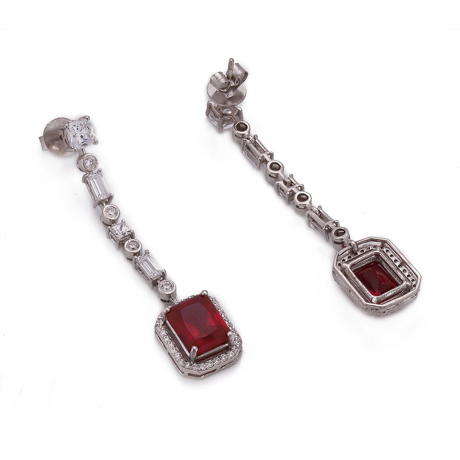 Silver Baguette and Round with Ruby Long Earrings