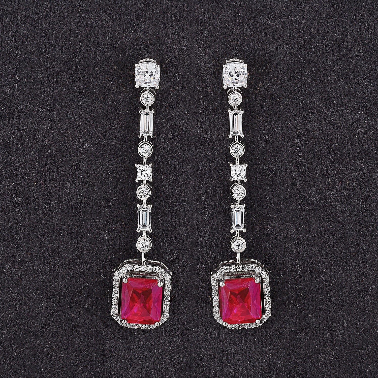 Silver Baguette and Round with Ruby Long Earrings