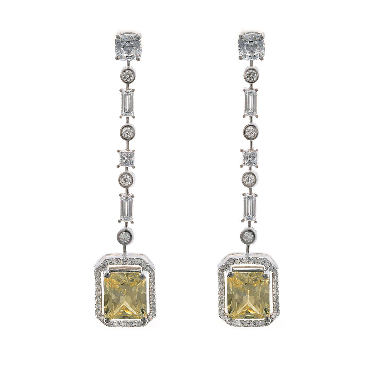 Silver Baguette and Round with Yellow Sapphire Long Earrings