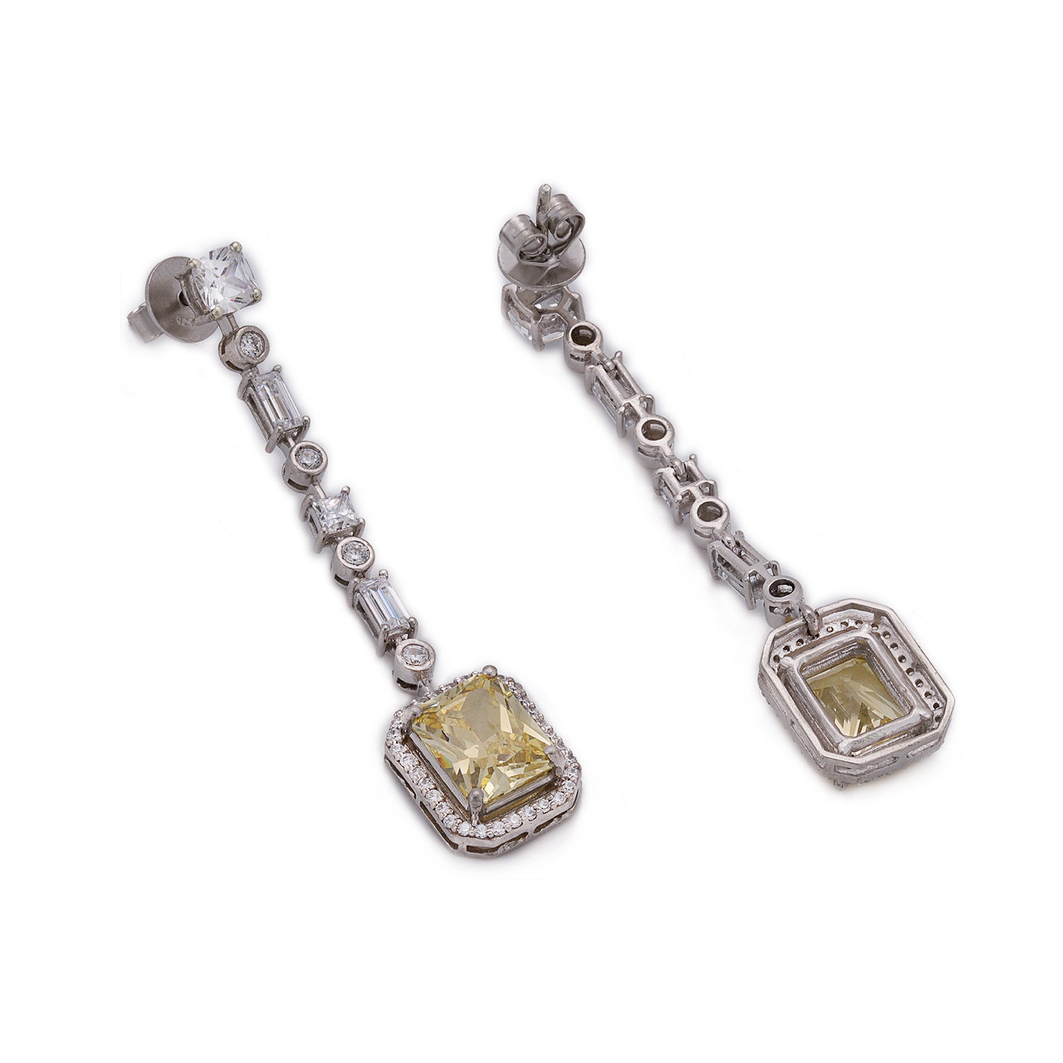 Silver Baguette and Round with Yellow Sapphire Long Earrings