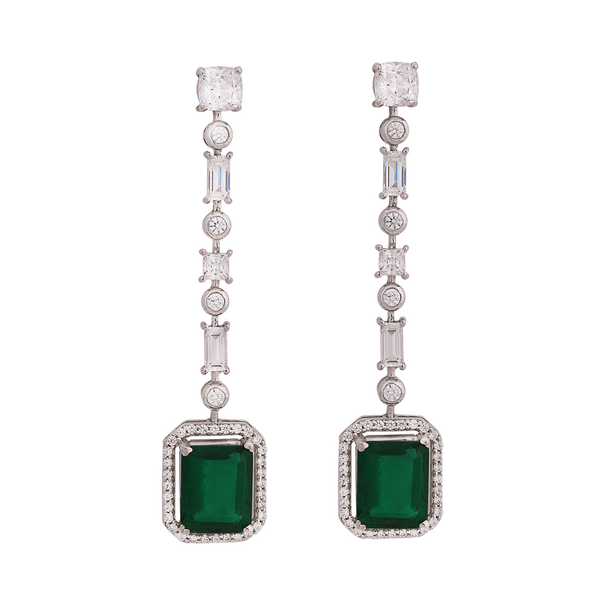 Silver Baguette and Round with Green Emerald Long Earrings