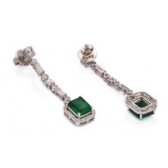 Silver Baguette and Round with Green Emerald Long Earrings