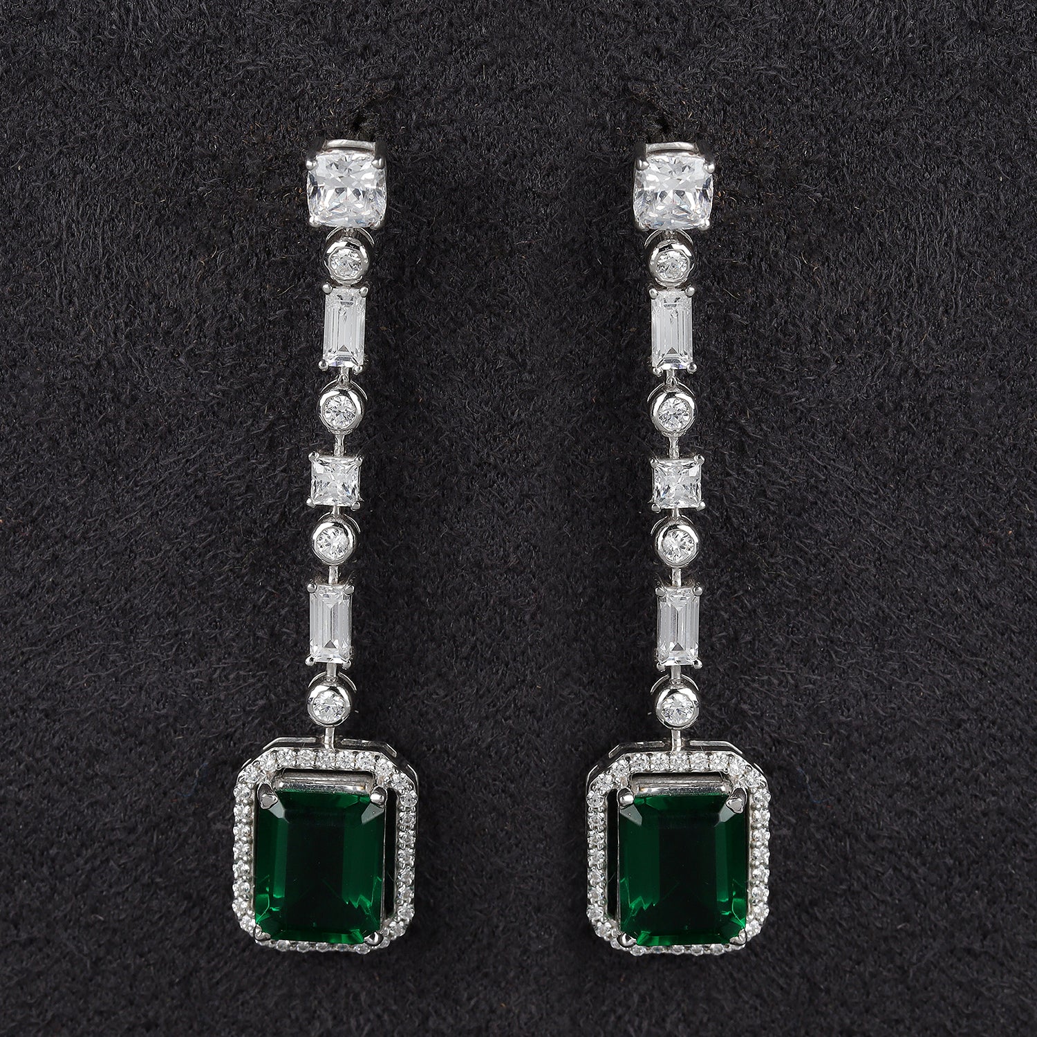 Silver Baguette and Round with Green Emerald Long Earrings