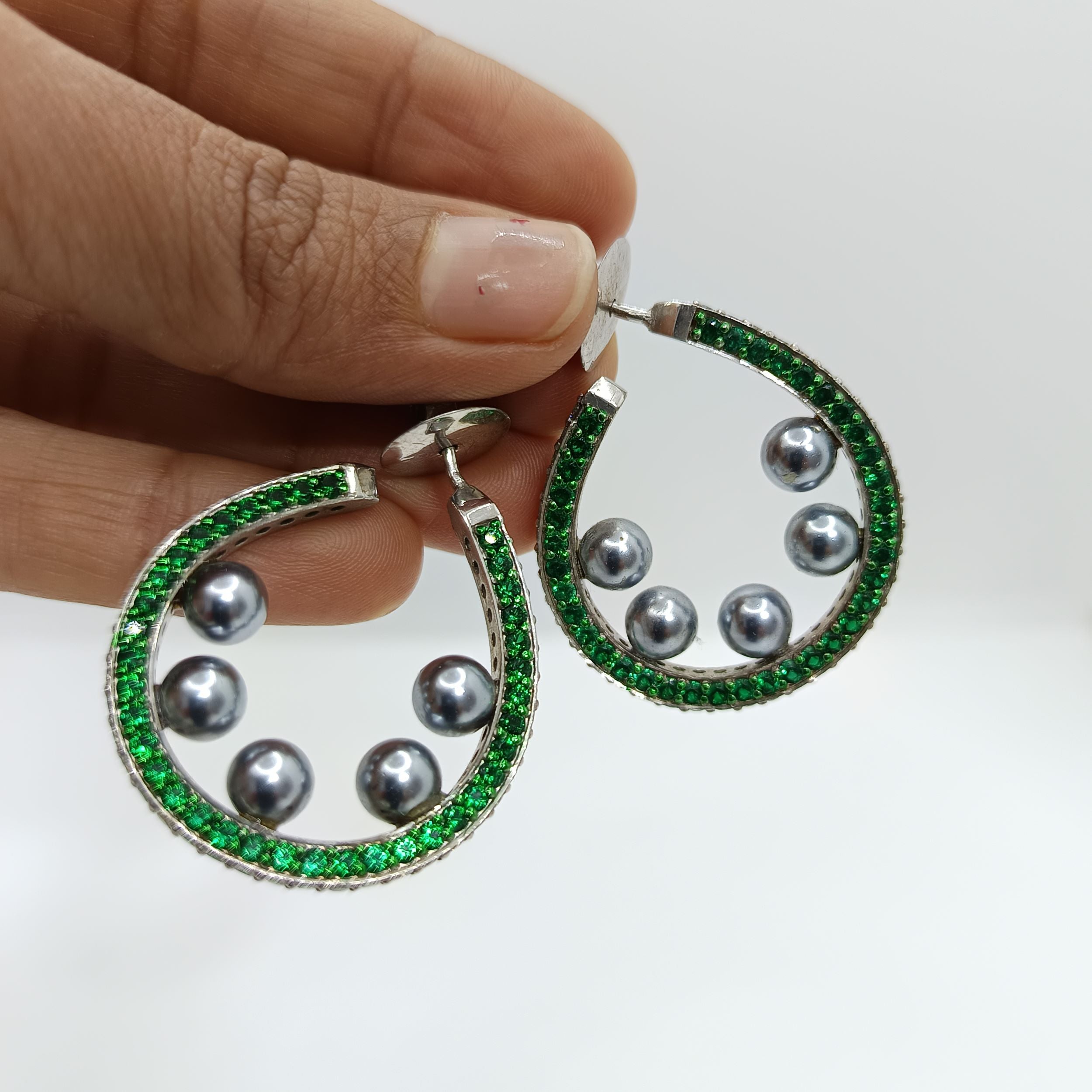 Silver Green Ceramic Quote with Grey Pearls and Zircons Hoop Earrings