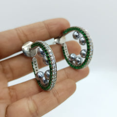 Silver Green Ceramic Quote with Grey Pearls and Zircons Hoop Earrings