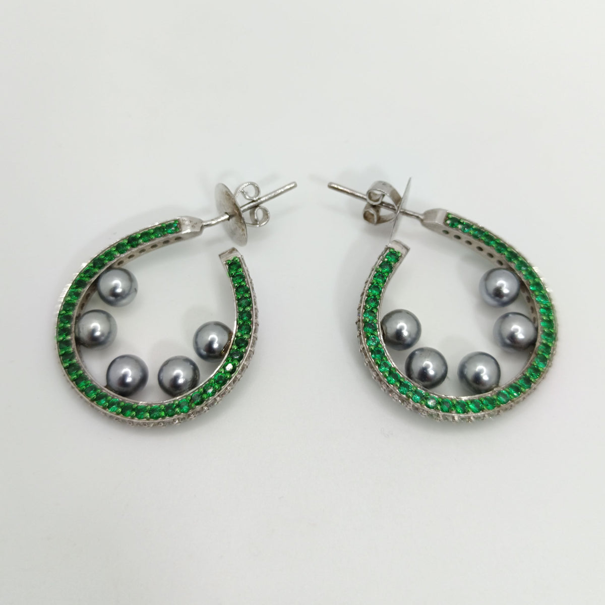 Silver Green Ceramic Quote with Grey Pearls and Zircons Hoop Earrings