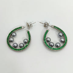 Silver Green Ceramic Quote with Grey Pearls and Zircons Hoop Earrings