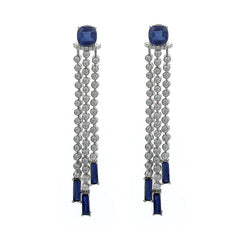 Silver Sizzling chains of Zircons with Green cushion and Blue Sapphire Baguettes Long Earrings