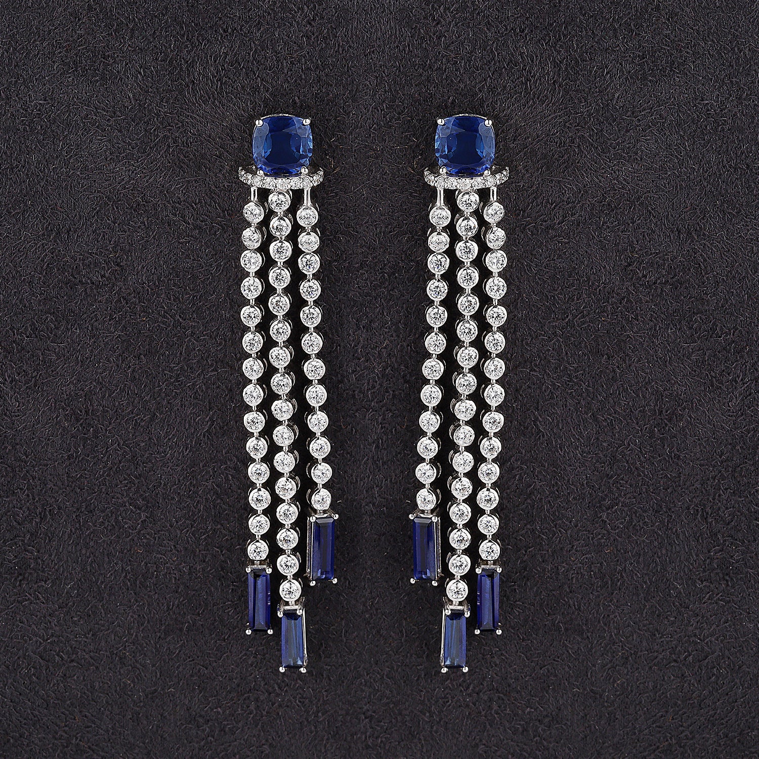 Silver Sizzling chains of Zircons with Green cushion and Blue Sapphire Baguettes Long Earrings