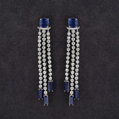 Silver Sizzling chains of Zircons with Green cushion and Blue Sapphire Baguettes Long Earrings