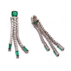 Silver Sizzling chains of Zircons with Green cushion and Green Baguettes Long Earrings