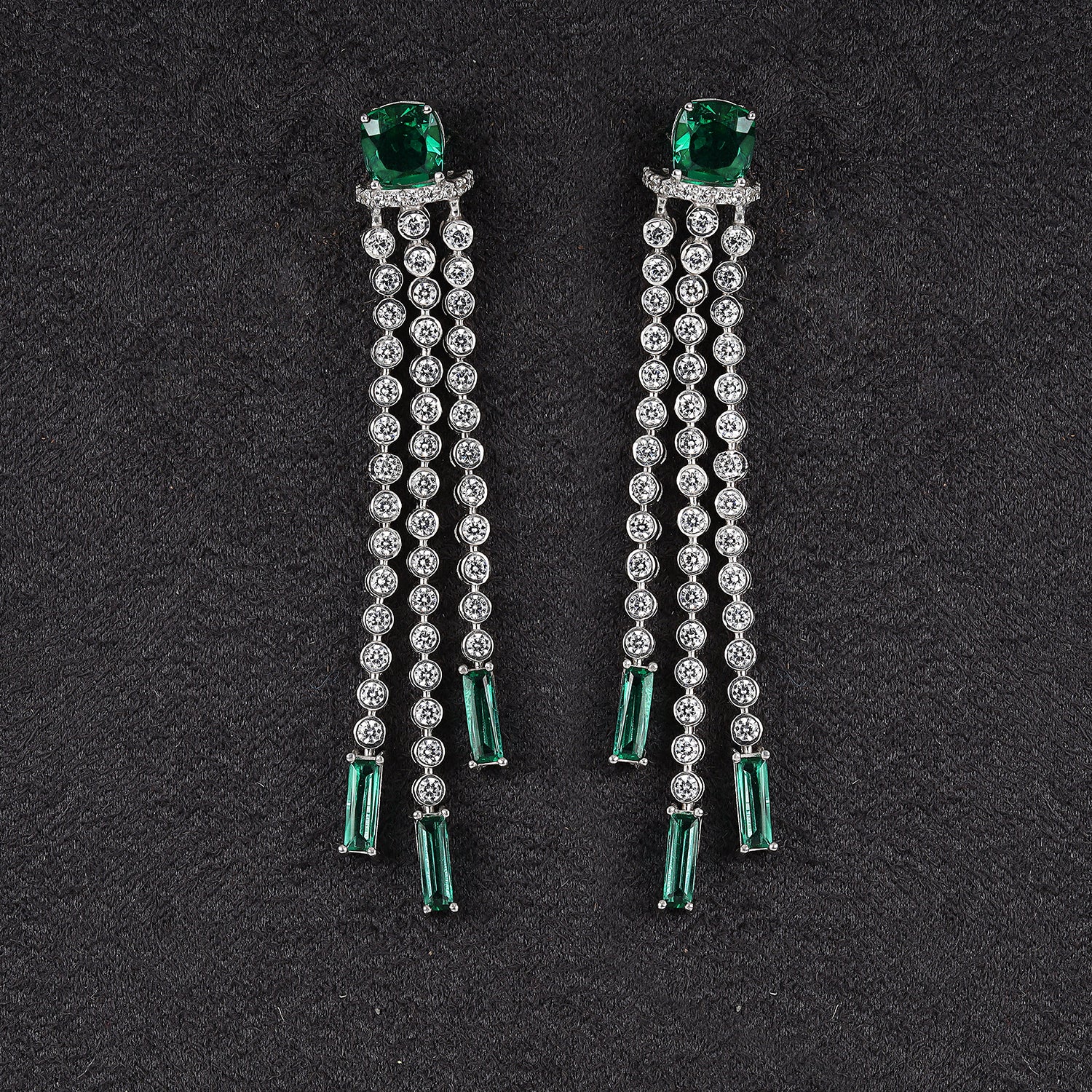 Silver Sizzling chains of Zircons with Green cushion and Green Baguettes Long Earrings