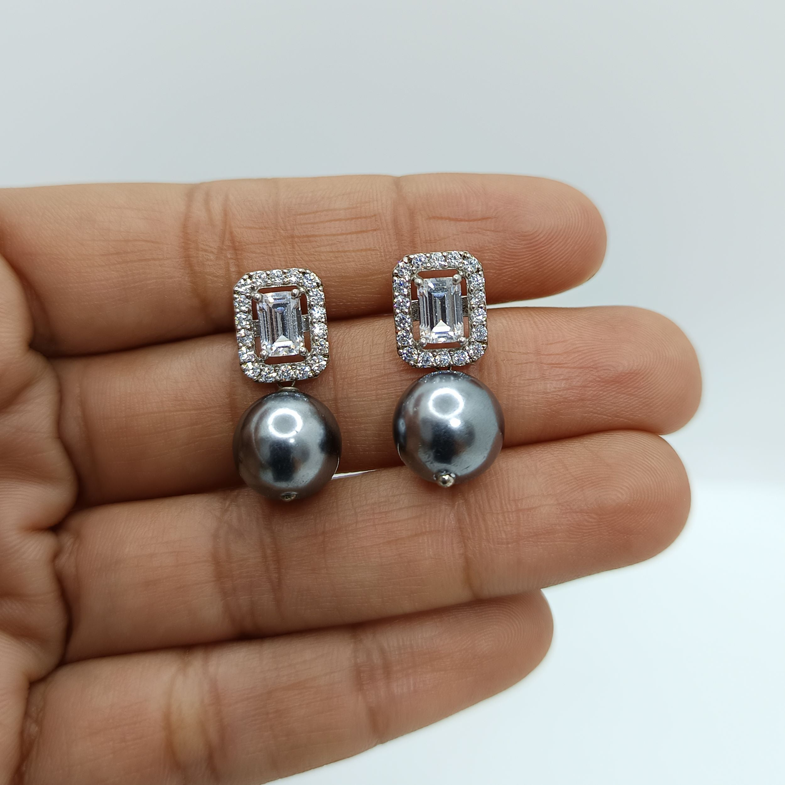 Silver Emerald Zircon with Pearl Studs Earrings