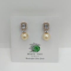 Silver Emerald Zircon with Pearl Studs Earrings