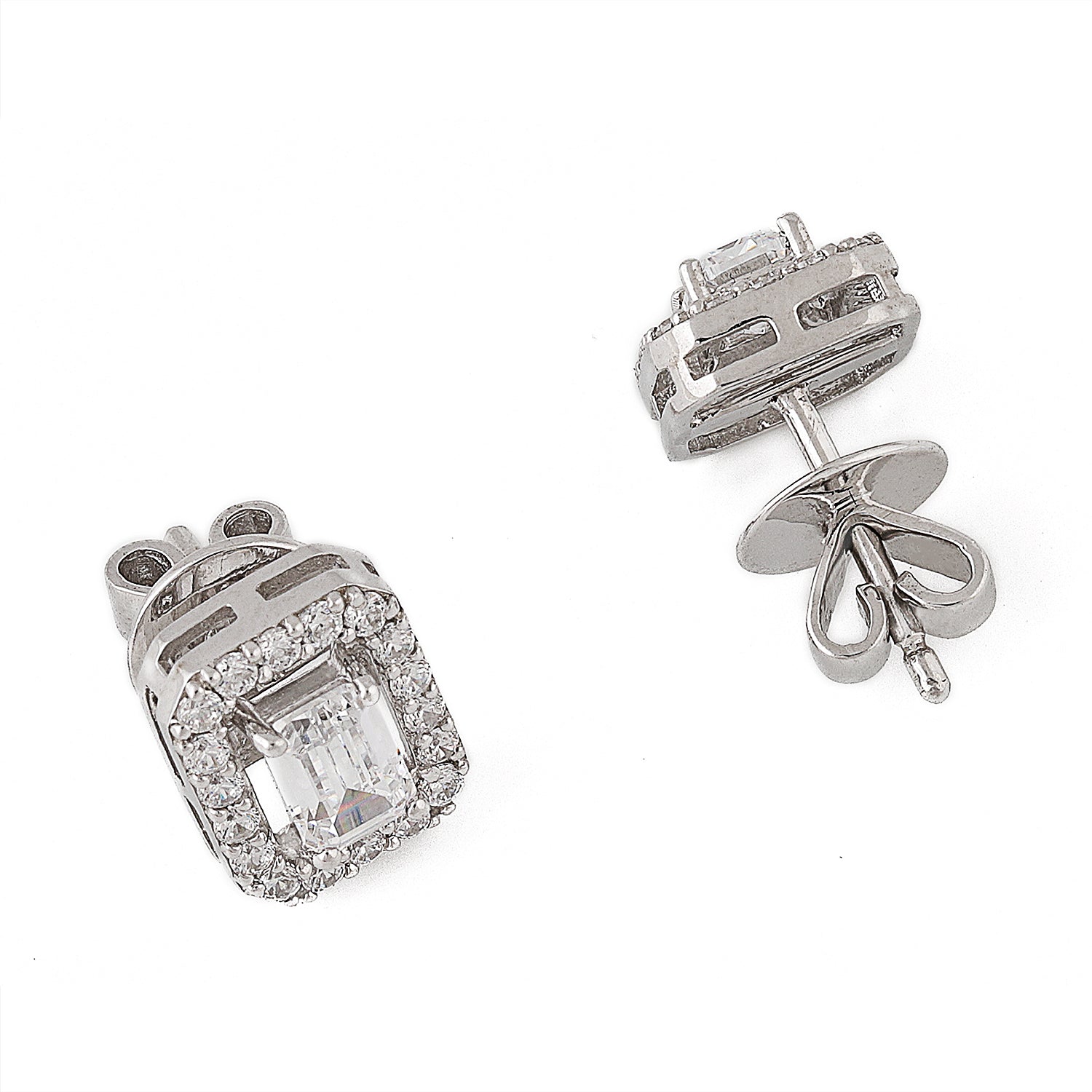 Silver Delicate Emerald Cut Zircon Studs Earrings