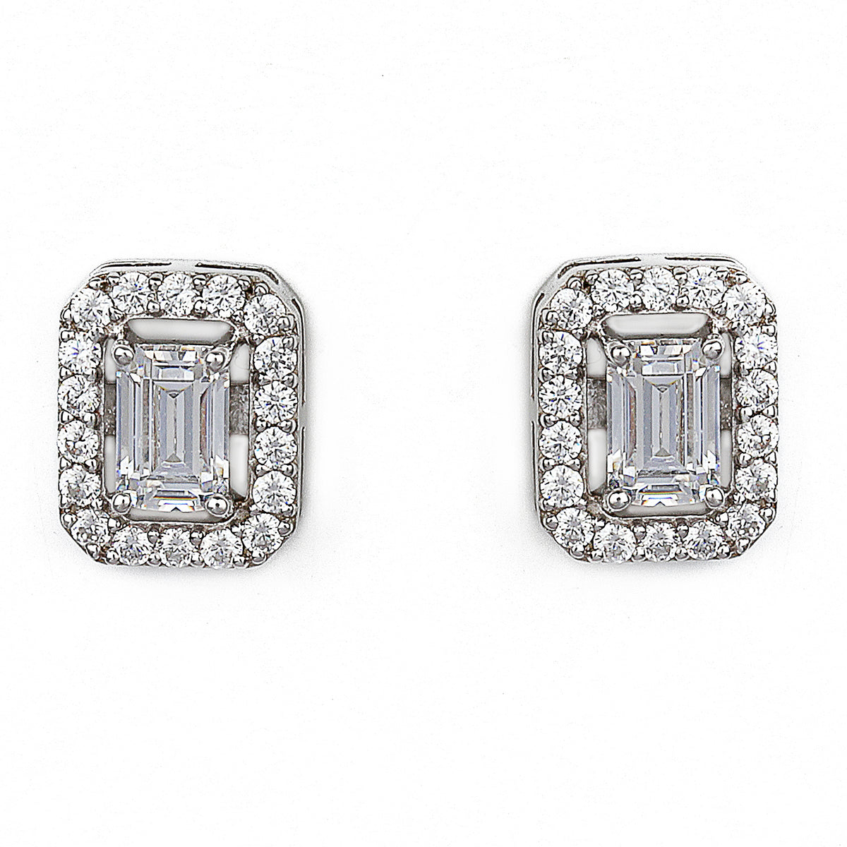 Silver Delicate Emerald Cut Zircon Studs Earrings