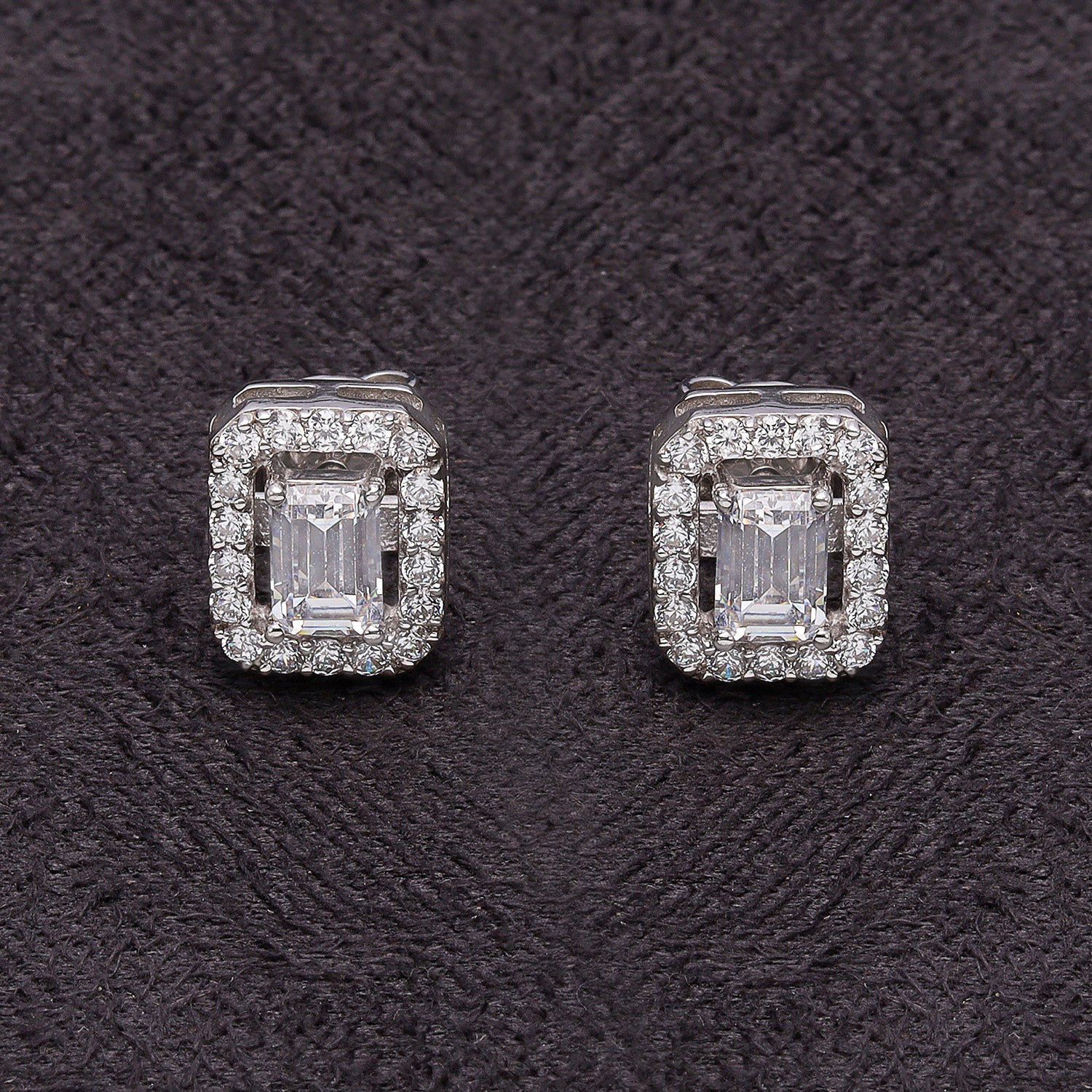 Silver Delicate Emerald Cut Zircon Studs Earrings