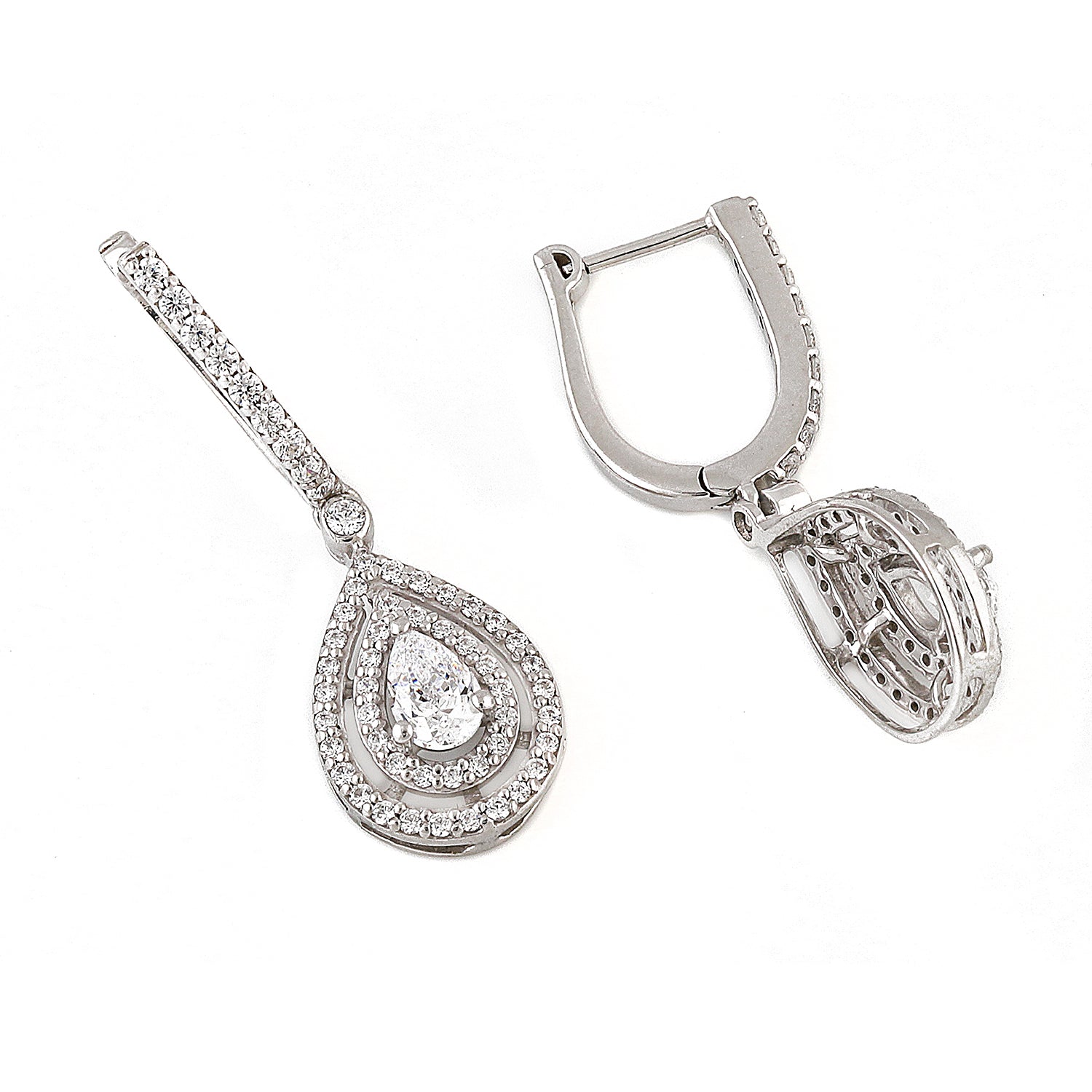 Silver Elegant Pear and Zircons Hoop Earrings