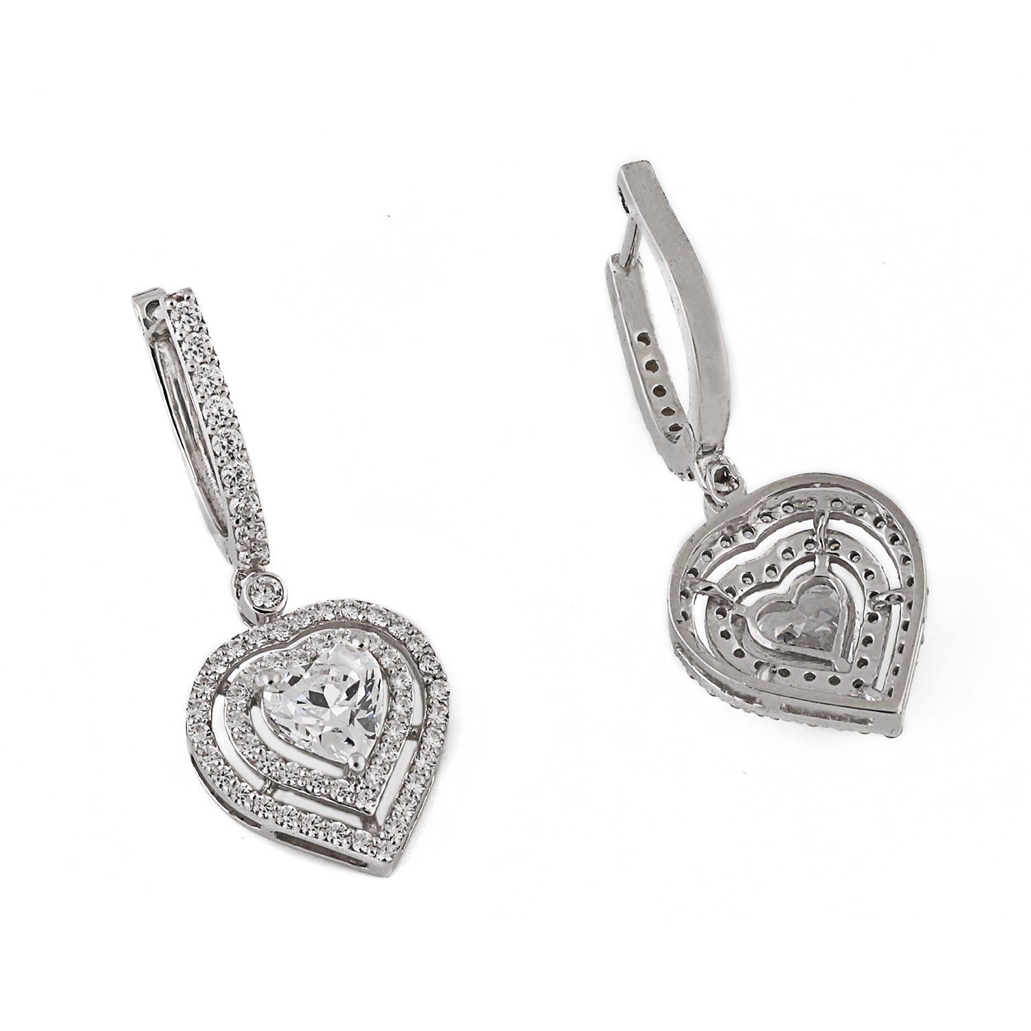 Silver Elegant Heart and Zircons Hoop Earrings