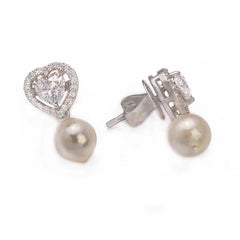 Silver Delicate Heart Solitaire with Zircons and Pearl Earrings