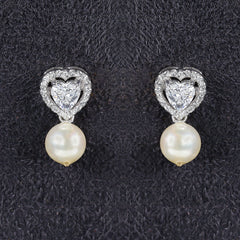 Silver Delicate Heart Solitaire with Zircons and Pearl Earrings