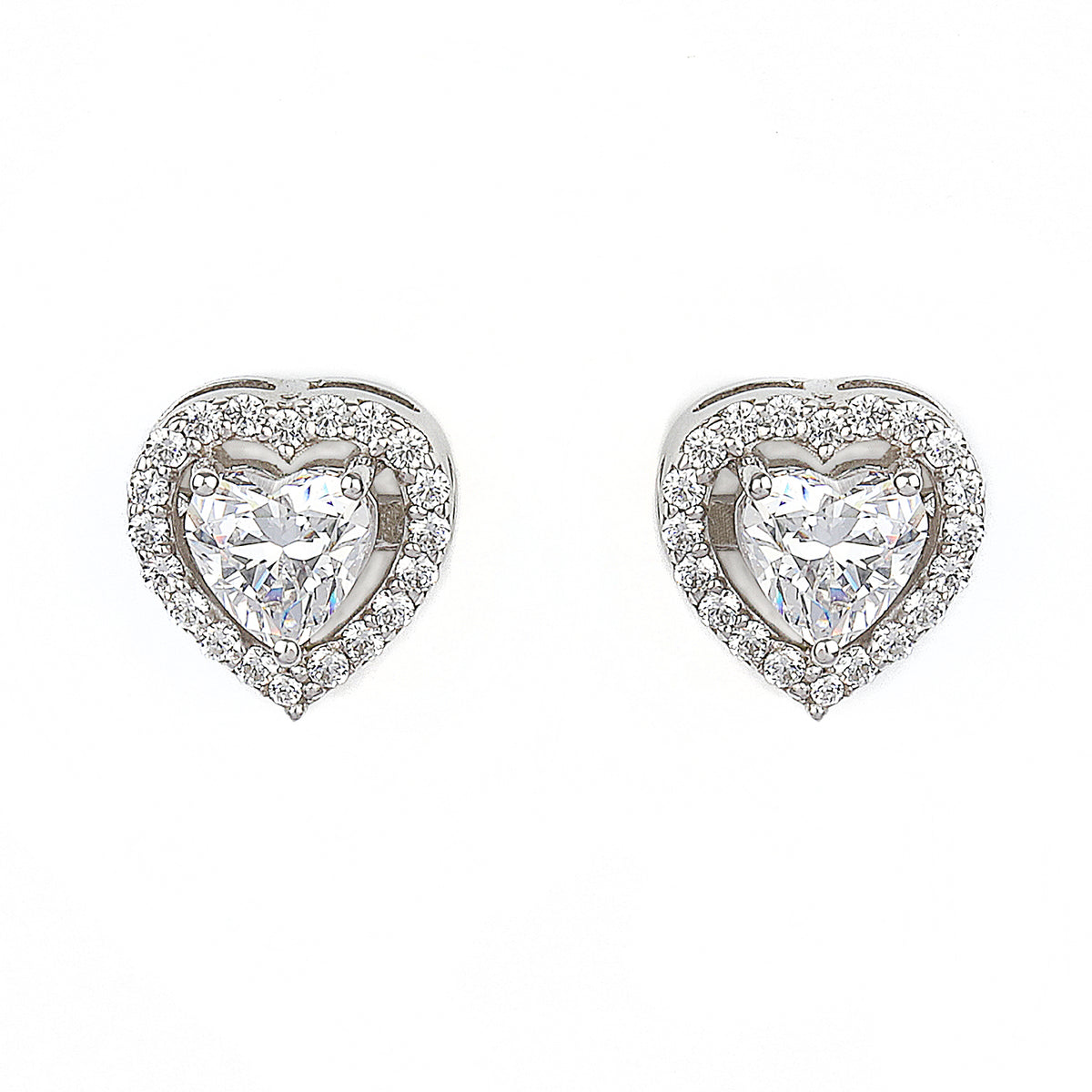 Silver Delicate Heart Solitaire and Zircons Studs Earrings