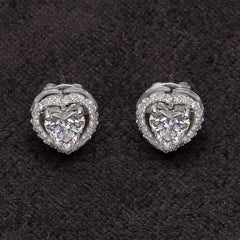 Silver Delicate Heart Solitaire and Zircons Studs Earrings