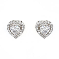 Silver Delicate Heart Solitaire and Zircons Studs Earrings