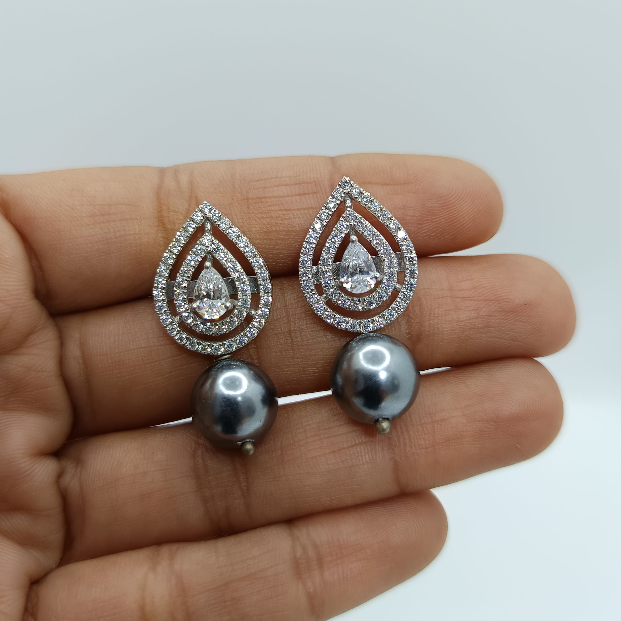 Silver Elegant Drop Shape with Zircons and Pearl Earrings