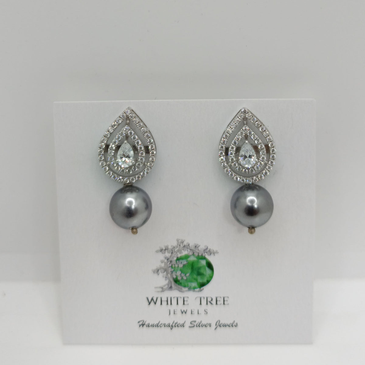 Silver Elegant Drop Shape with Zircons and Pearl Earrings