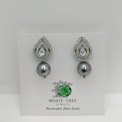 Silver Elegant Drop Shape with Zircons and Pearl Earrings