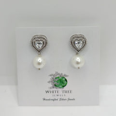 Silver Elegant Heart Solitaire with zircons and Pearl Earrings