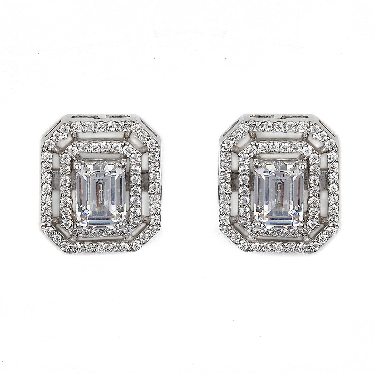 Silver Elegant Rectangle Solitaire with Zircons Earrings