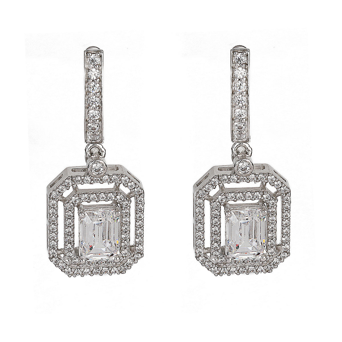 Silver Elegant Emerald Cut with Zircons Hoop Earrings