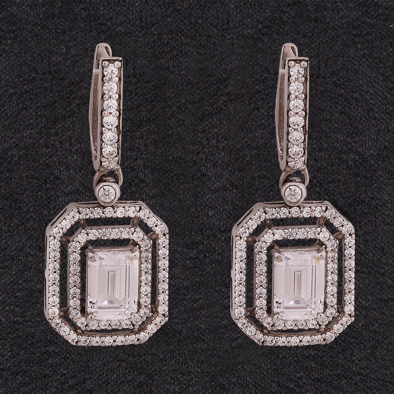 Silver Elegant Emerald Cut with Zircons Hoop Earrings