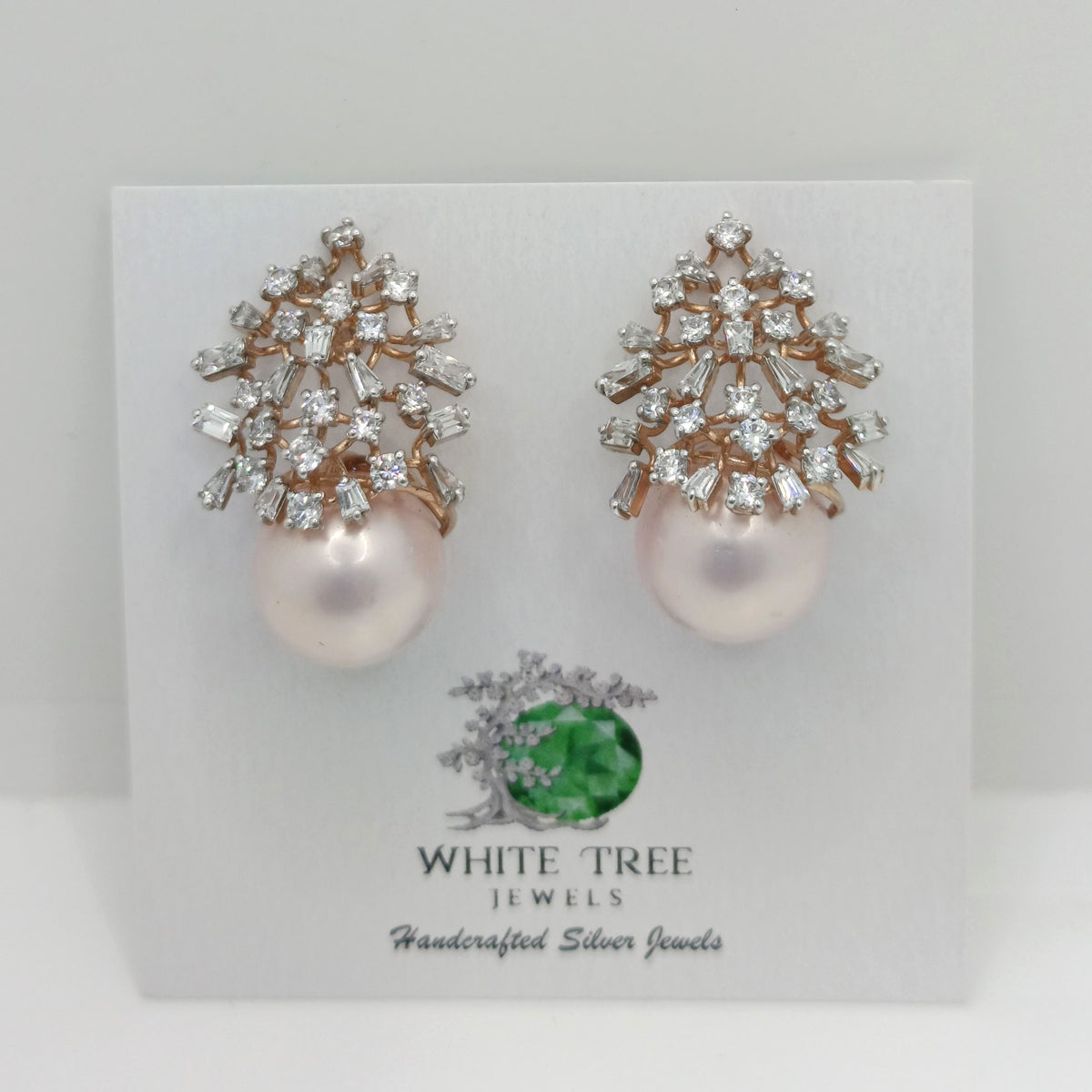 Silver Scattered Round Baguette and Tappers Zircons with Pink Pearl  Studs Earrings