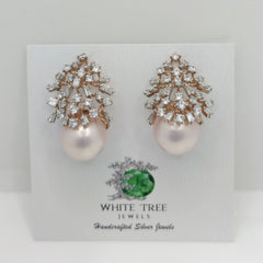 Silver Scattered Round Baguette and Tappers Zircons with Pink Pearl  Studs Earrings