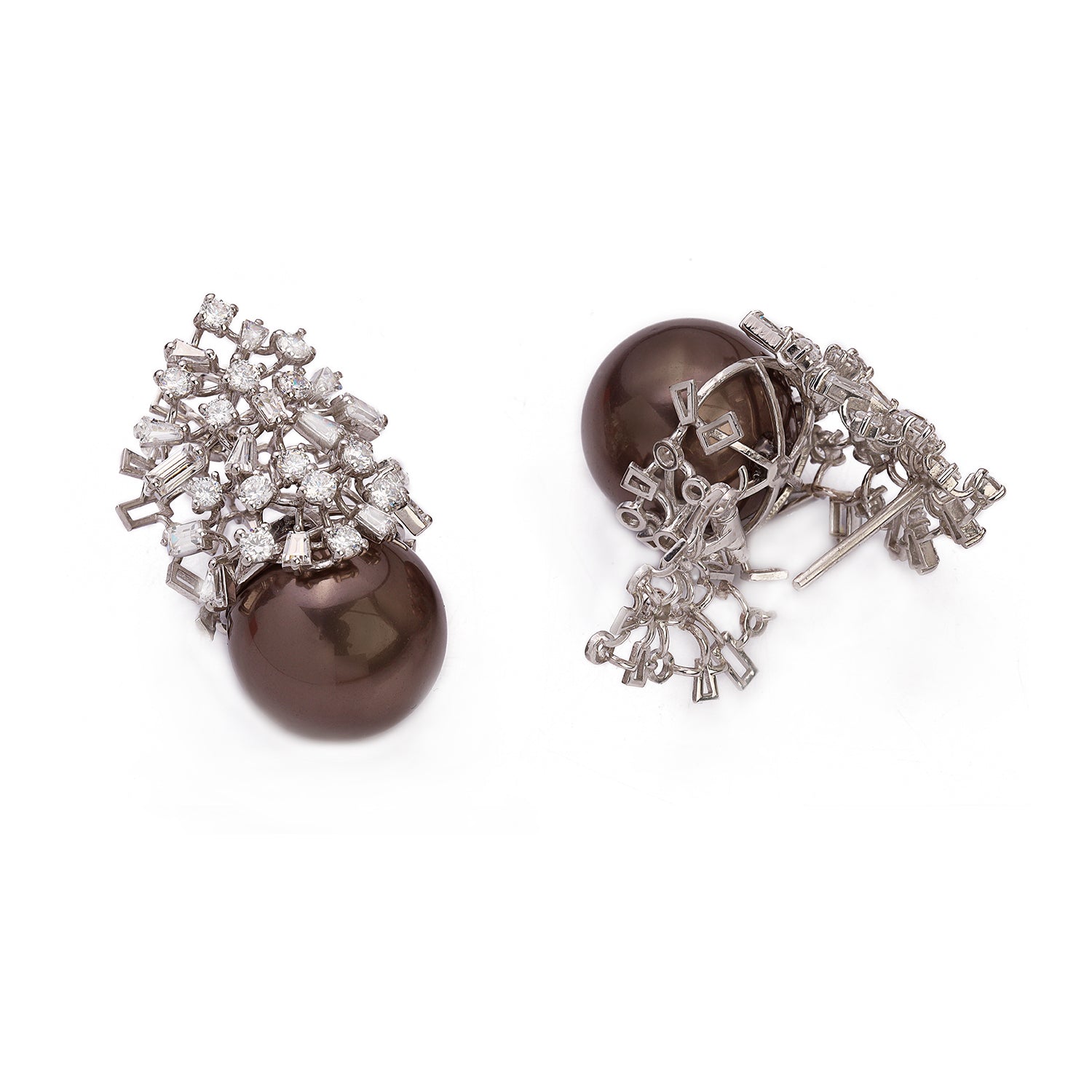 Silver Scattered Round Baguette and Tappers Zircons with Coffee Pearl Studs Earrings