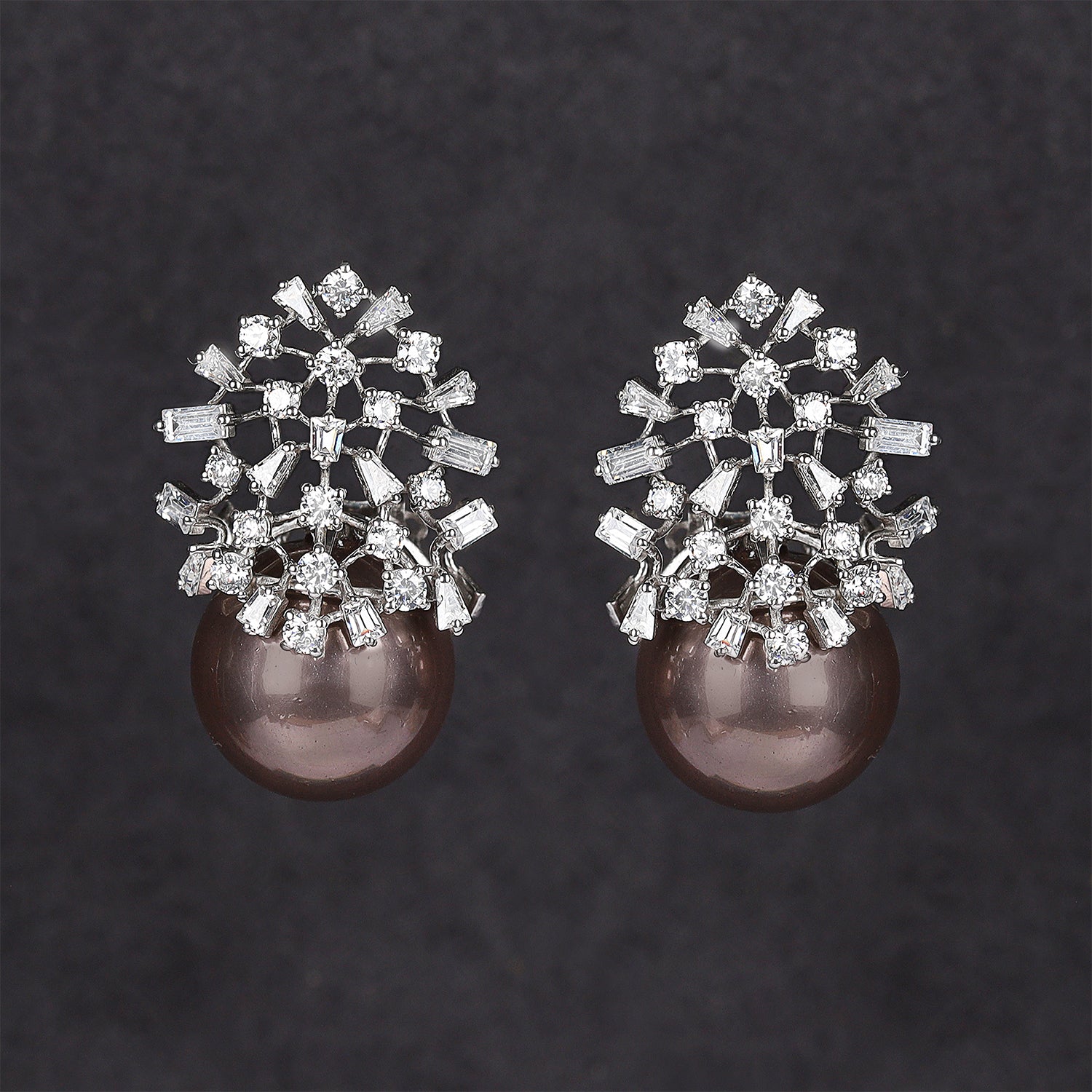 Silver Scattered Round Baguette and Tappers Zircons with Coffee Pearl Studs Earrings