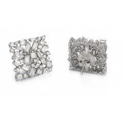 Silver Enchanting Square Shape with Round Baguette and Tappers Zircons Studs Earrings