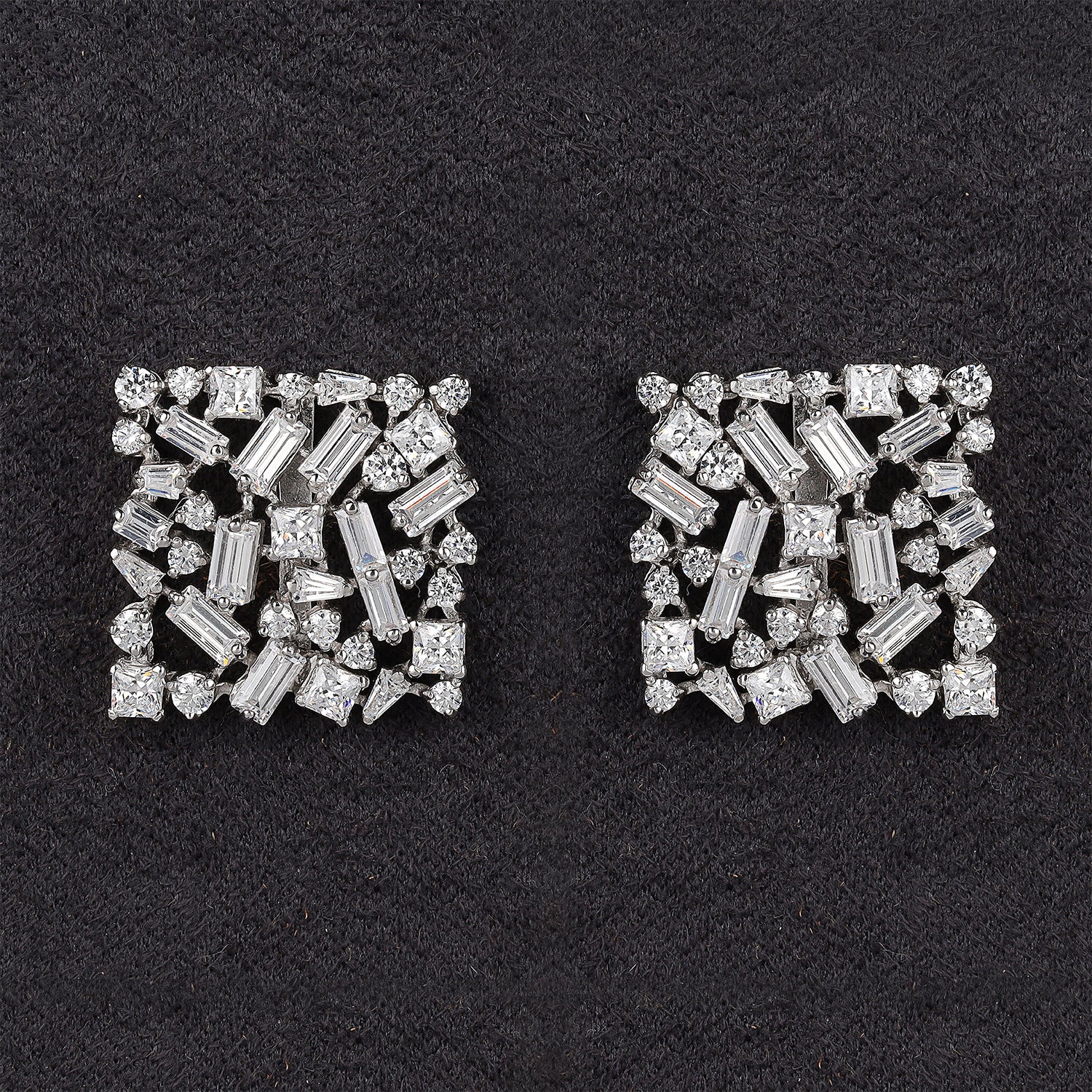 Silver Enchanting Square Shape with Round Baguette and Tappers Zircons Studs Earrings