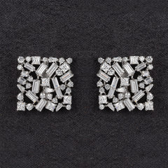 Silver Enchanting Square Shape with Round Baguette and Tappers Zircons Studs Earrings