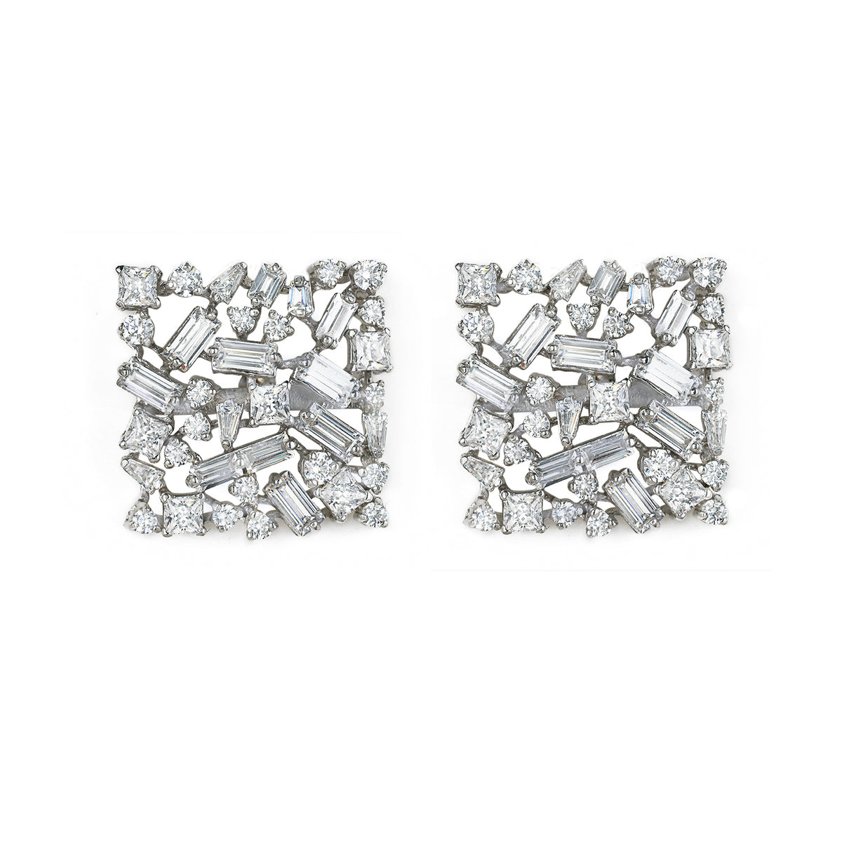 Silver Enchanting Square Shape with Round Baguette and Tappers Zircons Studs Earrings