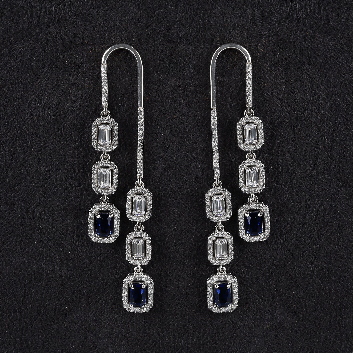 Silver Sassy Emerald Cut Zircon with Blue Sapphire Earrings