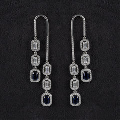 Silver Sassy Emerald Cut Zircon with Blue Sapphire Earrings