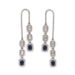 Silver Sassy Emerald Cut Zircon with Blue Sapphire Earrings