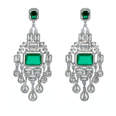 Silver Opulent Green Emerald with Zircons Chandelier Earrings