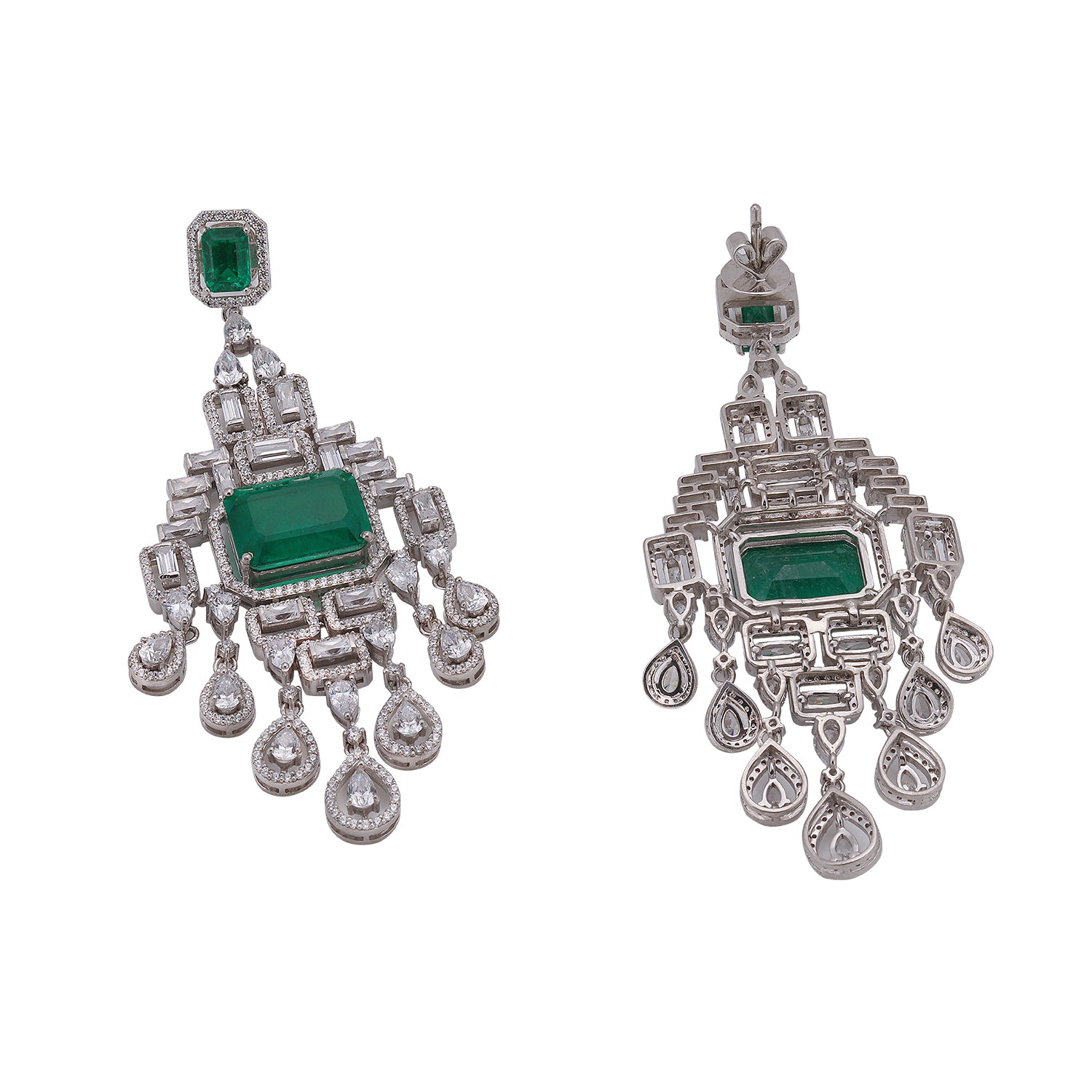 Silver Opulent Green Emerald with Zircons Chandelier Earrings