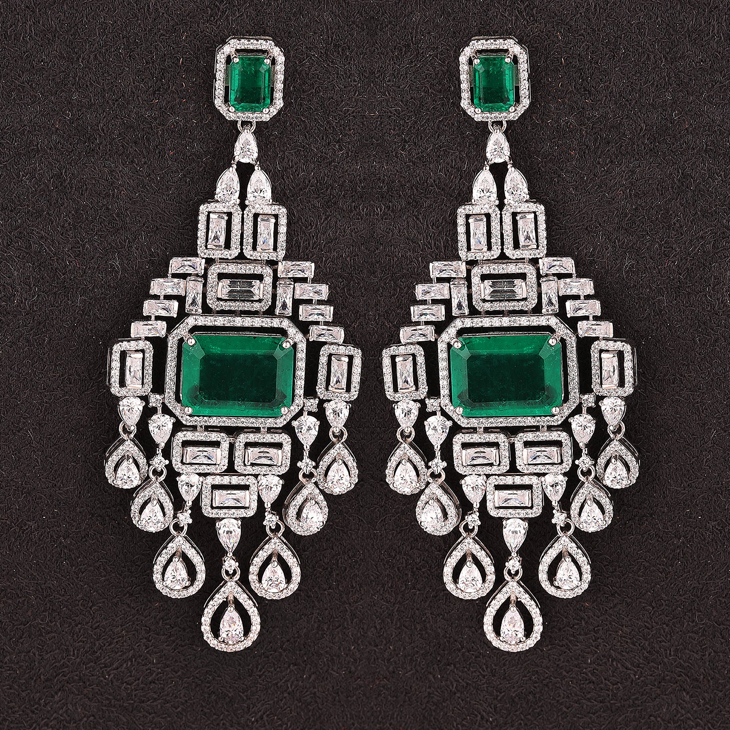 Silver Opulent Green Emerald with Zircons Chandelier Earrings